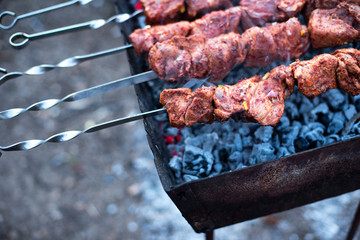 roasted meat, skewers with onions on skewers on the grill