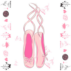 Sketch silhouette hand drawn pointes shoes, bow in pink colors.