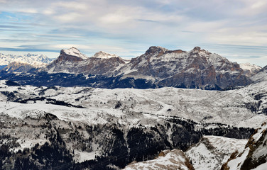 Skiing in Sella Ronda. Panoramic view. Winter Dolomiten Alps, Italy.