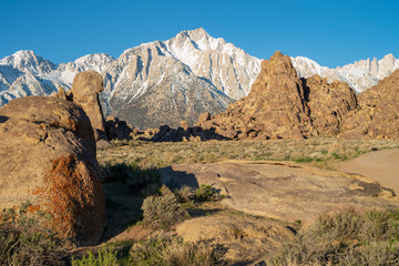 Mountain in Sierra Nevadas of California with desert rock formations in Alabama Hills