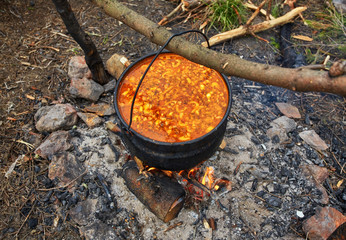 Preparing food on campfire in camping