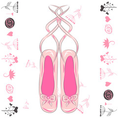 Sketch silhouette hand drawn pointes shoes, bow in pink colors.