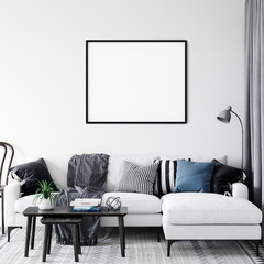 Frame & Poster mock up in living room.  Scandinavian interior. 3d rendering, 3d illustration