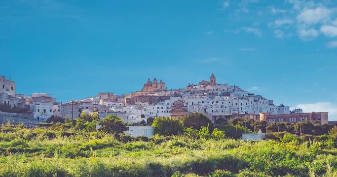 Ostuni, Apulia, Italy, time lapse video the old hill top cite blanca (white city) medieval whitewashed houses of Ostuni. southern Italy
