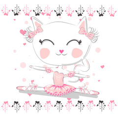 Hand drawn beautiful, lovely, little ballerina cat.