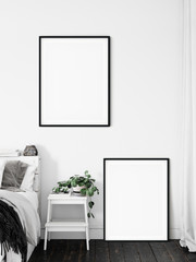 Frame & Poster mock up in living room.  Scandinavian interior. 3d rendering, 3d illustration