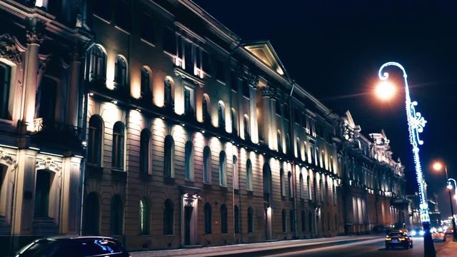 Slow Motion Dolly Shot of the Novo-Mikhailovsky Palace at Night in St Petersburg
