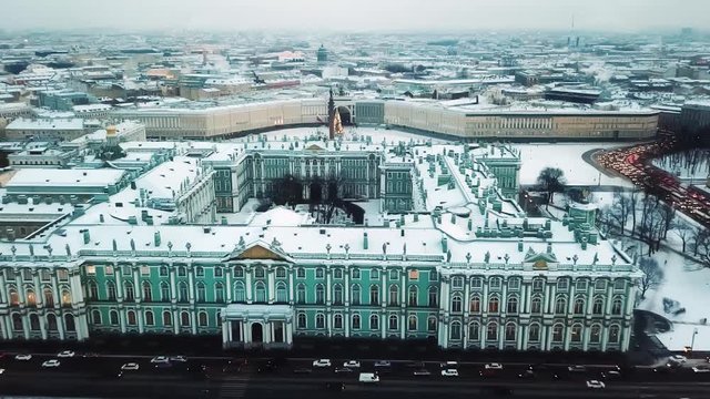 Aerial Shot of Beautiful Hermitage Museum and Palace Square on a Snowy Afternoon in St Petersburg