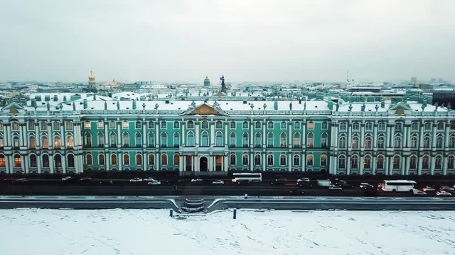 Trucking Aerial Shot of St Petersburg's Hermitage Museum on a Snowy Afternoon
