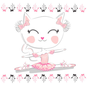Hand Drawn Cute Cat, ballerina illustration, children print