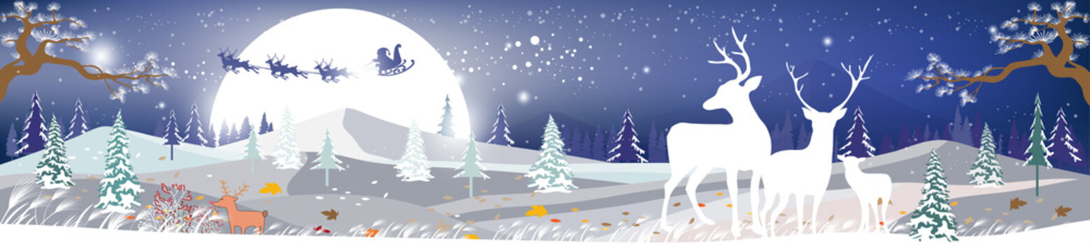 Landscapes Winter wonderland,Vector cartoon of Santa sleigh and reindeers flying over full moon, Reindeers family looking at Father Christmas sleigh Reindeers in the sky, Merry Christmas background