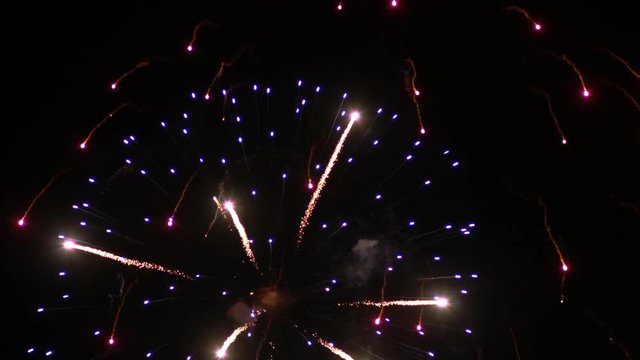 Blue and Red Fireworks Shooting into Sky and Exploding TILT UP