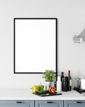 Frame & Poster mock up in kitchen. Scandinavian interior. 3d rendering, 3d illustration © Yuri-U
