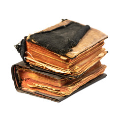 Two aged book books isolated on white background with clipping path, an angle