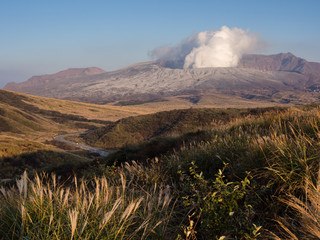 Fuming Nakadake crater covered in volcanic ash after 2016 Kumamoto earthquakes and eruption -...