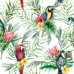 Watercolor parrot and toucan seamless pattern. Hand painted illustration with bird, protea and palm leaves isolated on white background. Wildlife illustration for design, print, fabric, background.