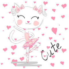 Obraz na płótnie Canvas Cute dancing cat in a pink dress on blue background. Ballerina love dancing.