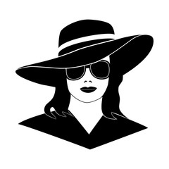 Young lady girl in elegant retro hat, black isolated silhouette on white background, template mock up for design logo, sign, banner. Vector illustration