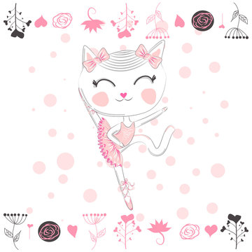 Hand drawn beautiful, lovely, little ballerina with cat.