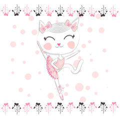cute white cartoon cat in ballet tutu, kitty girl in a pink skirt