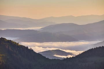 Obraz premium Beautiful white cloud sky, with fog on the morning. Fog in the morning with mountain
