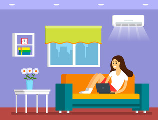 A young girl sitting on the couch and working on a laptop online. The concept of freelancing and shopping online. Room interior with furniture. Flat vector illustration