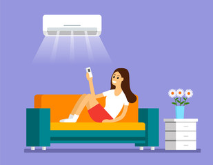 A young girl sits on the couch and turns on the air conditioner through the remote. Interior room with furniture and a bouquet of flowers. flat vector illustration isolated