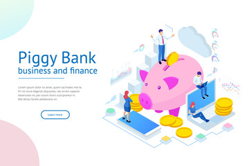 Isometric businessman putting a coin into a piggy bank. Save money concept. Manage money and finance analytics.