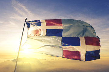 San Cristobal province of Dominican Republic flag waving sunrise mist fog