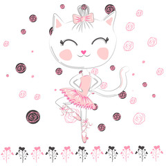 Hand drawn beautiful, lovely, little ballerina cat.