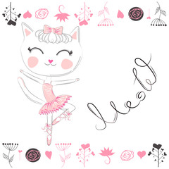 Hand drawn beautiful, cute, little blonde pretty cat