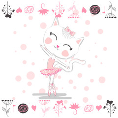 Hand drawn beautiful, lovely, little ballerina with cat.