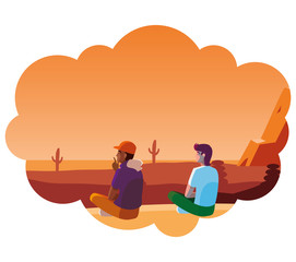 men couple contemplating horizon in the desert scene