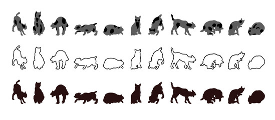 Collection of cats silhouettes in different positions and doing various actions, in black and white. In outline, with filling and spotted. Graphic resource for design, illustration, stencil, decor