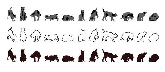 Fototapeta premium Collection of cats silhouettes in different positions and doing various actions, in black and white. In outline, with filling and spotted. Graphic resource for design, illustration, stencil, decor