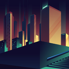 Big city. Urban evening landscape with buildings, skyscrapers and stairs.  Vector illustration.