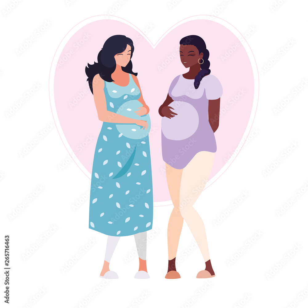 Sticker interracial couple of pregnancy women in heart