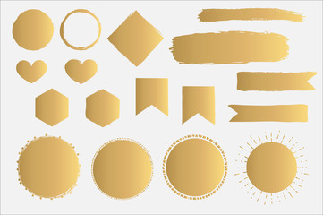 Set of Golden Shapes: Brush Strokes, Ribbons and Round, Heart, Square Shapes
