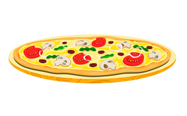 Vegetarian pizza with mushrooms and beans on a wooden tray. Vector illustration of a flat style.