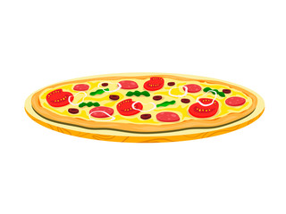 Pizza with sausages, olives and beans. Vector isolate on white background