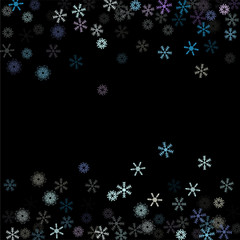 Falling down snow confetti, snowflake vector border. Festive winter, Christmas, New Year sale background. Cold weather, winter storm, scatter texture. Hipster snowfall falling snowflakes cool confetti