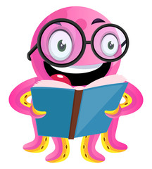 Happy geek octopus reading a book illustration vector on white background