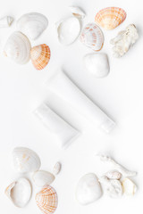 spa organic cosmetics, cream, lotion with Dead Sea minerals on white background flat lay