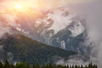Mountain peaks in fog scenery landscape