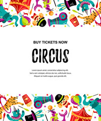 Fototapeta na wymiar Circus. Vector illustration with animals, clowns and magicians. Template for circus show, party invitation, poster, kids birthday. Flat style.