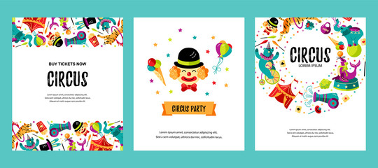 Circus. Vector illustration set with clown, animals, circus tent and magicians. Template for circus show, party invitation, poster, kids birthday, flyer. Flat style.