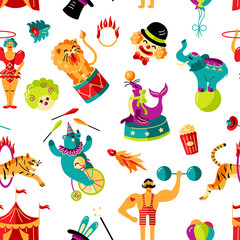 Seamless pattern with circus tent, animals, clowns, celebratory objects. Circus concept. Flat style vector illustration.