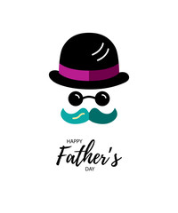 Happy Father's day!  Man face with bowler hat, glasses and mustache. Flat style vector illustration.