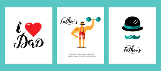 Happy Father's day greeting card set. My dad my hero. I love Dad hand drawn lettering. Vector illustration with strong man, bowler hat and mustache. Flat style.