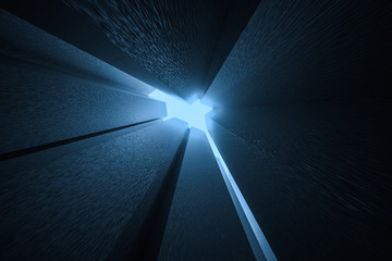 3d rendering, dark background, cube bricks with light effect. Computer digital background.